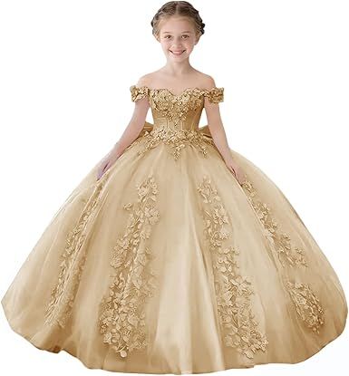Lace Beaded Flower Girl Dresses for Wedding Off Shoulder Gilrs Pageant Dress Tulle Toddler Ball Gowns with Big Bow