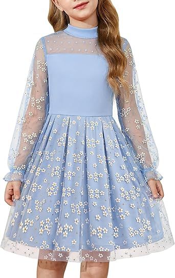 Arshiner Girls Dresses Contrast Mesh Puff Long Sleeve Mock Neck Formal Party A Line Short Tulle Dress