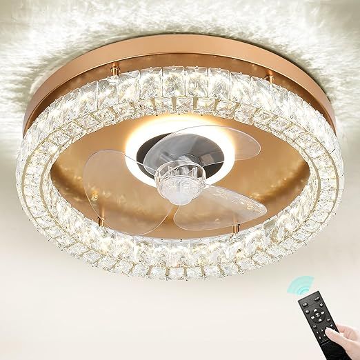 FRIXCHUR Modern Ceiling Fans with Lights and Remote, Dimmable Low Profile Ceiling Fan,Flush Mount Ceiling Fan Stepless Color Temperature Change and 6 Speeds for Bedroom Living Room (Gold)