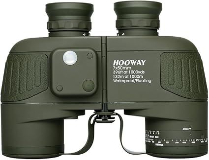 Hooway 7x50 Waterproof Floating Marine Binocular w/Internal Rangefinder & Compass for Navigation,Boating,Bird Watching and More(Army Green