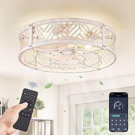 LEDIARY 20" Caged Ceiling Fan with Light, Small Flush Mount Ceiling Fan with App&Remote, Low Profile Bladeless Ceiling Fan Light Fixture 6 Speed, Reversible and Quiet Motor-White Gold