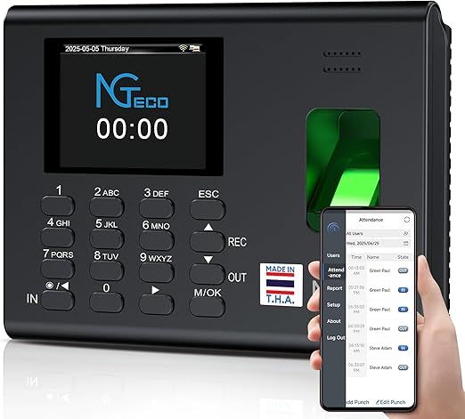 NGTeco APP Time Clock for Employees Small Business, Automatic Fingerprint Clock in and Out Machine with Battery, 2.4GHz WiFi, iOS&Android, No Monthly Fee