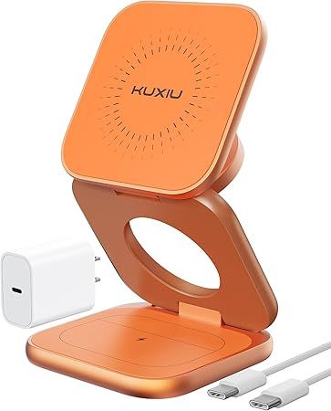 KU XIU Qi2.2 25W Magnetic Wireless Charger, Foldable 3 in 1 Travel Charging Station for iPhone 17/16/15/14/13/12, 5W for Apple Watch & AirPods, Aluminum Alloy Design, 45W GaN Adapter Included, Orange