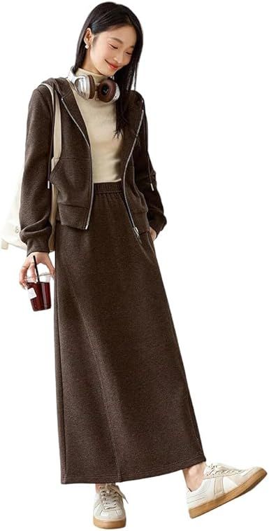 Women's Two Piece Skirt Set Knitted Hooded Jacket Straight Skirts