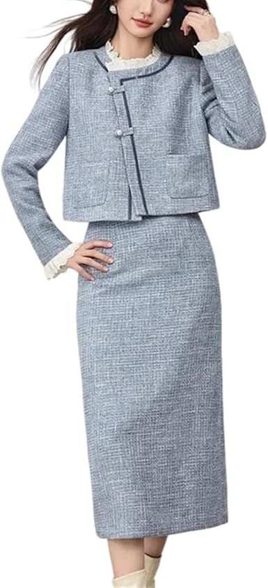 Women's Elegant Skirt Set Round Neck Long Sleeve Short Coat With Split Straight Skirt Set