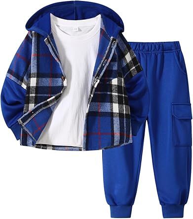 2Pcs Kids Boys Flannel Plaid Shirt Tops Pants Set Hoodie Sweatsuit for Fall Winter Spring Outfits 4-12 Years