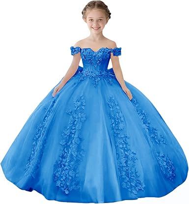 Lace Beaded Flower Girl Dresses for Wedding Off Shoulder Gilrs Pageant Dress Tulle Toddler Ball Gowns with Big Bow