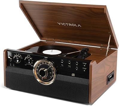 Victrola The Empire Mid-Century 6-in-1 Turntable & Multimedia Center with Built-in Speakers – 3 Speed, Bluetooth Connectivity, Radio, Cassette & CD Player, RCA Out, Headphone Jack (Walnut)