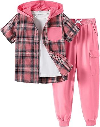 2Pcs Boys Clothes Outfits Plaid Short Sleeve Hooded Button Shirt and Jogger Pants for Kids Spring Summer Pants Set