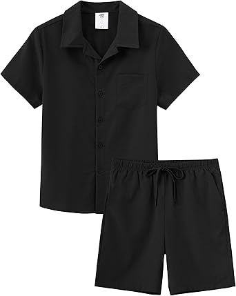 MoFiz Boy's Short 2 Pieces Set Casual Beach Outfits Button Down Shirts Shorts Vacation Texture Sets Kids 6-16 Years