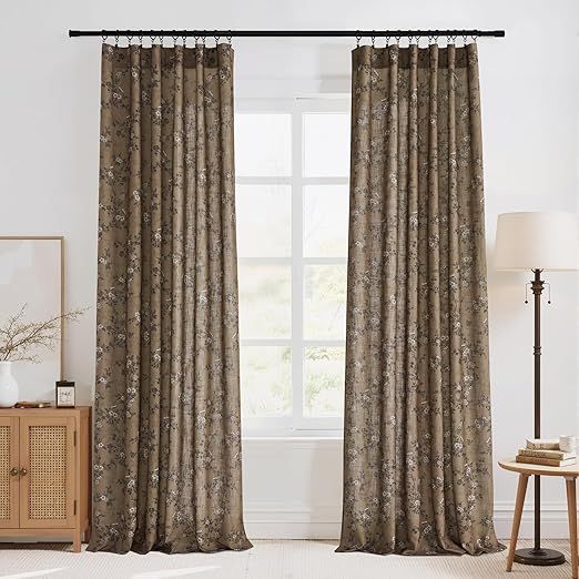 StangH Khaki Floral Linen Curtains 84 Inches Long French Country Light Filtering Printed Drapes Vintage Fall Winter Decor for Living Room/Bedroom/Dining Room，52Wx84L，2 Panels