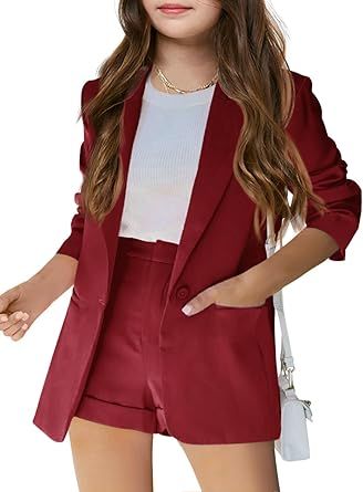 Batermoon Girls 2 Piece Outfits Button Front Long Sleeve Blazer and Short Pants Suit Sets 4-14 Years