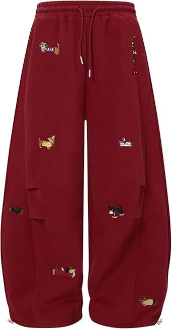 Aelfric Eden Embroidery Puppy Baggy Barrel Sweatpants Casual Y2K Elastic Drawstring Unisex Wide Leg Pants Lantern Trouser