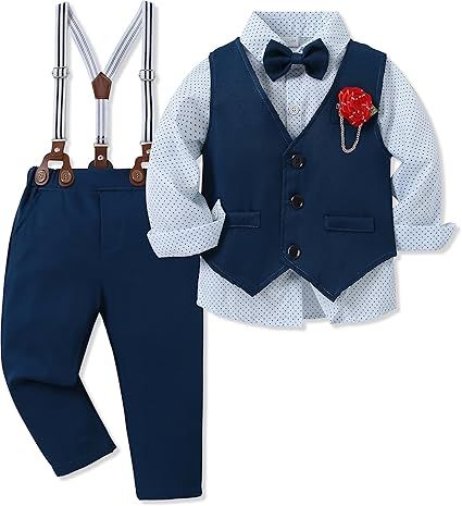 WESIDOM Toddler Boy Clothes Suit Formal Dress Shirt+Bowtie+Vest+Boutonniere+Suspender Pants Boys Gentleman Outfits Set