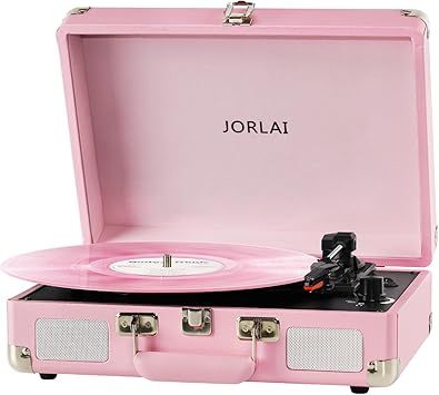 Pink Vinyl Record Player 3 Speeds Portable Suitcase Turntable with Built-in Dual Speakers, Bluetooth Gramophone with Built-in Battery 3.5mm Aux Input/RCA Output