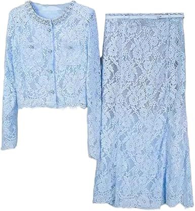 Women Long Evening Dresses Lace 2 Piece Skirt Sets Crystal Jacket Coat Midi Long Skirt Suits