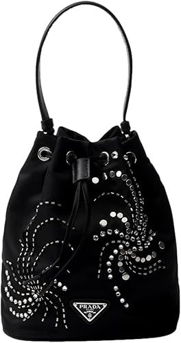 Prada New Womens Re-Nylon Mini Drawstring Bucket Bag Crossbody Black Beaded Embroidered 1BE067