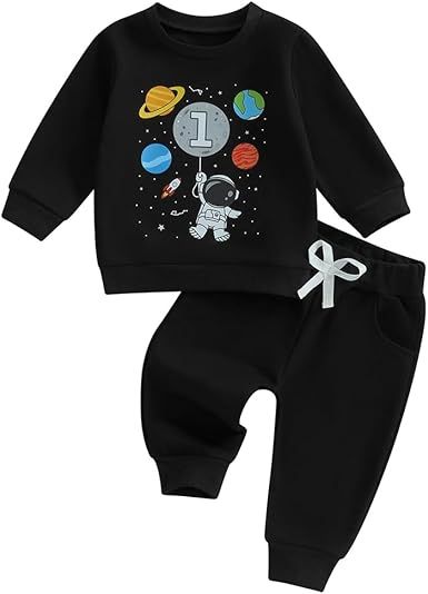 Pudcoco Toddler Baby Boys First Birthday Outfit 1st Birthday Space One Astronaut Sweatshirt and Jogger Pants Set