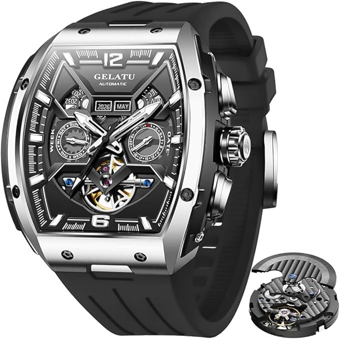 OLEVS GELATU Mens Watch Automatic Tourbillon Wristwatch Skeleton Mechanical Self Winding 50M Waterproof Sapphire Crystal Square Male Watches Yellow/White/Black/Green