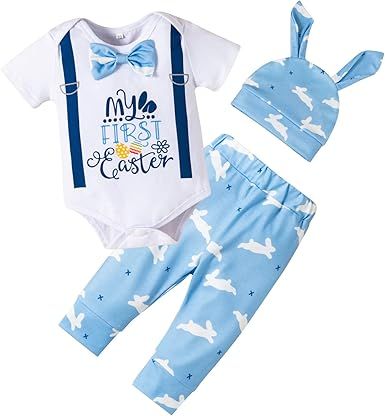 Fairy Baby Infant Baby Boy My First Easter Day Gentleman Outfits Newborn Bow Tie Romper Bunny Pant Clothes Set with Hat 0-18M
