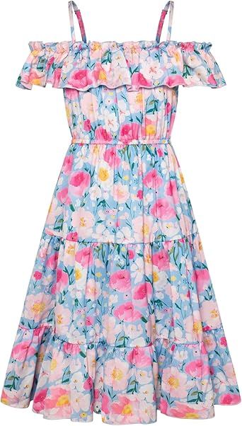 GRACE KARIN Girls Summer Dress Off Shoulder Ruffle Floral Spaghetti Strap Casual Sundress Tiered Midi Dress