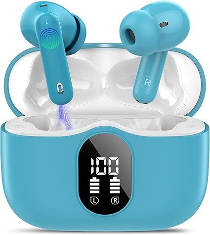 Wireless Earbuds, Bluetooth 5.4 Headphones Bass Stereo, Ear Buds with Noise Cancelling Mic, LED Display in Ear Earphones Clear Calls, IP7 Waterproof Bluetooth Earbuds for Laptop/Phones/Sports, Pink