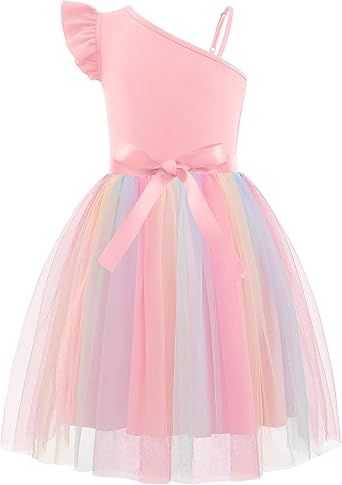 Arshiner Girls Dresses Summer One Shoulder Ruffle Sleeveless Formal Fancy Party Birthday Tulle Dress with Belted