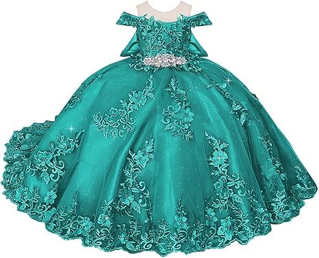 Boatneck Lace Flower Girl Dresses 3D Flower Ball Gown Dresses for Girls Pearly Crystal Girls Pageant Dress