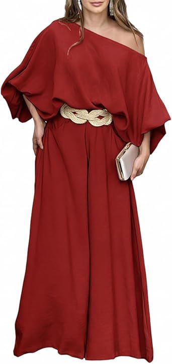 CHICME Women Summer 2 Piece Outfits Off Shoulder Lantern Sleeve Top Flowy Wide Leg Pants Set