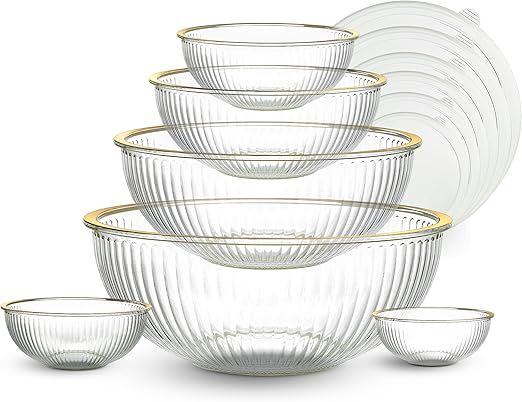 COOK WITH COLOR 12 Pc Glass Mixing Bowl Set with Lids – Borosilicate Glass Nesting Bowls for Cooking, Baking and Meal Prep, Fluted with Gold Rim