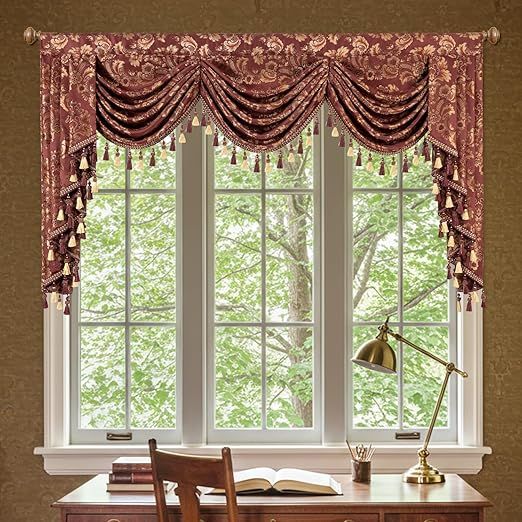 VOGOL Retro Damask Jacquard Valance Curtains, Not See Through Handmade Waterfall Valance for Living Room, Classical Window Treatment for Luxury Home Staging, 1 Panel, W79 x L43, Burgundy Red