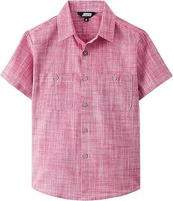 JOGAL Boys Chambray Shirts Short Sleeve Button Down Casual Cotton Woven Shirt with Two Pockets for Kids 6-14 Years