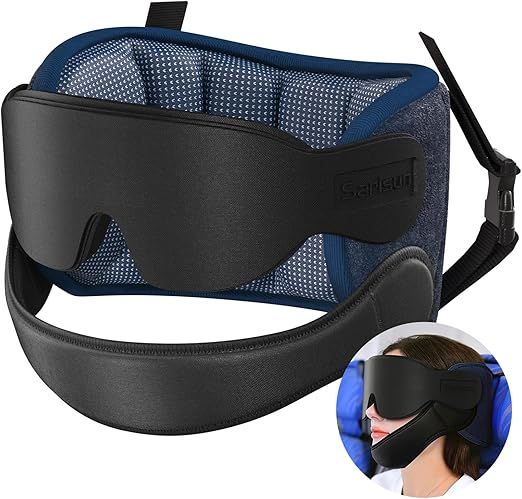 Travel Pillows for Airplanes with Sleep Eye Mask, Chin Strap, Airplane Pillow for Long Flights, Car Road Trip, 360° Support Headrest, Travel Essentials Stop Bobblehead, Mottled Blue