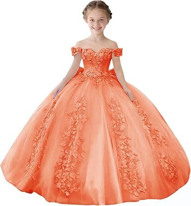 Lace Beaded Flower Girl Dresses for Wedding Off Shoulder Gilrs Pageant Dress Tulle Toddler Ball Gowns with Big Bow