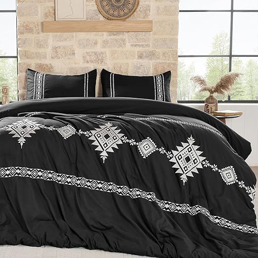 Embroidered Boho Comforter Set Queen Size, 3-Piece Western Shabby Chic Bedding Set - Fluffy Ultra Soft Microfiber with Intricate Design, Includes Comforter & 2 Pillowcases, Black(88"x88")