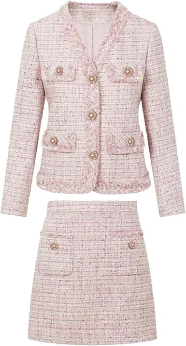Women Pink Tweed Jacket Skirt Set Spring/Autumn Jacket Business Ladies 2 Piece Skirt Suit