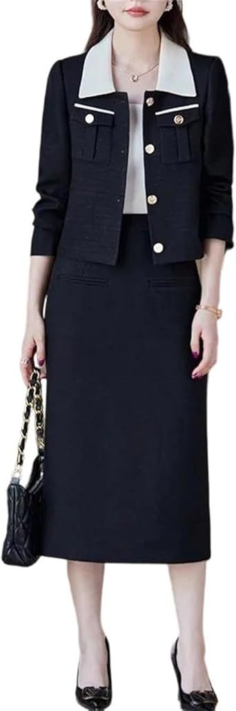 Women's Casual Slim Fit Sheath Silhouette Solid Full Opening Blazer Jacket Daily Wear Skirt Set