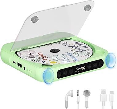 Portable CD Player with Bluetooth, Rechargeable CD Player for Home/Car, Built-in HiFi Speakers, Headphones, LCD Screen, Supports CD/AUX/USB and Repeat Modes, Green