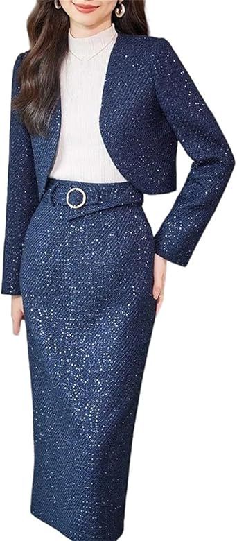 Women's Business Formal Slim Fit Sheath Silhouette Solid Full Opening Blazer Jacket Work Wear Skirt Set