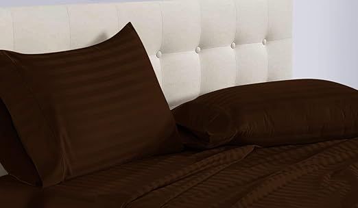 True Luxury Pure Heavy Rich Supima ELS Cotton 4-Piece Bed Sheets Set Full Size Fits mattresses Upto 30-34” deep Pocket – Sateen Weave (Stripe, Chocolate)