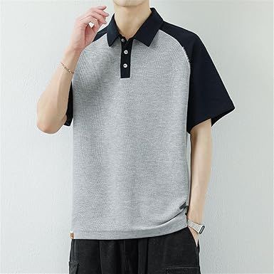 Grey Men's Short Sleeved T-Shirt Loose Color Contrast Lapel Half