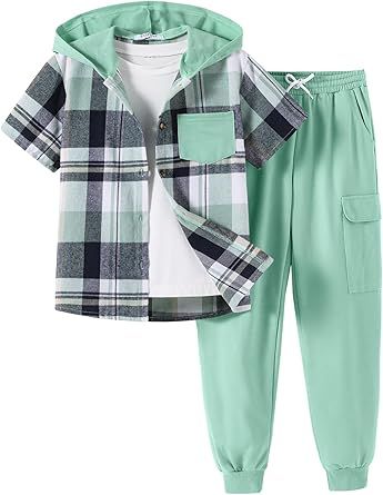 2Pcs Boys Clothes Outfits Plaid Short Sleeve Hooded Button Shirt and Jogger Pants for Kids Spring Summer Pants Set