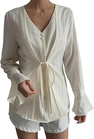 Loose Office 2 in 1 Waist Tie Ruffle Sleeve Long Sleeve Blouse Womens Casual Business Fashion Tops