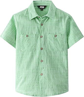 JOGAL Boys Chambray Shirts Short Sleeve Button Down Casual Cotton Woven Shirt with Two Pockets for Kids 6-14 Years