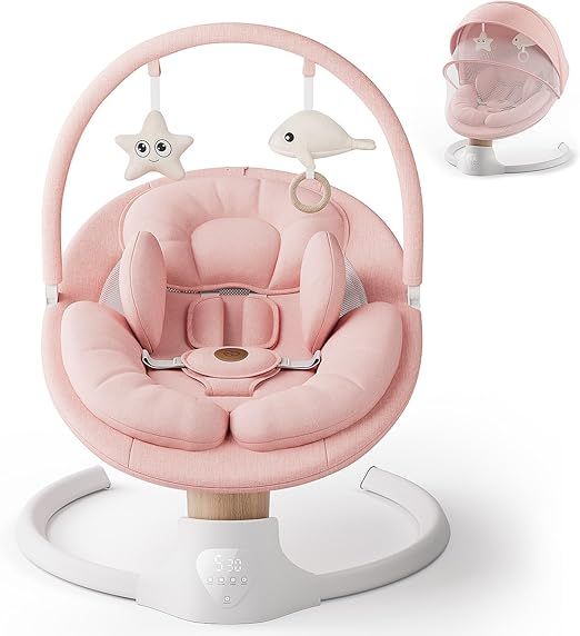 Baby Swings for Infants, FasonBaby Electric Baby Swing with 10 Preset Melodies, 5 Speeds, Remote Control and Bluetooth - Portable Infant Swing for Indoor and Outdoor(Pink)