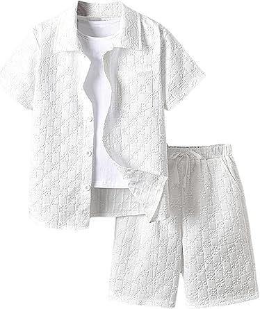 Boy's 2 Piece Beach Vacation Textured Linen Outfit Short Sleeve Button Down Shirt Top and Shorts Summer Set