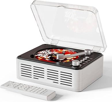 CD Player with Bluetooth Transmitter, Nostalgic Retro Wood Music Player, Built-in Speakers-Bass Boost, FM Radio for Home/Wired&Remote Control-White