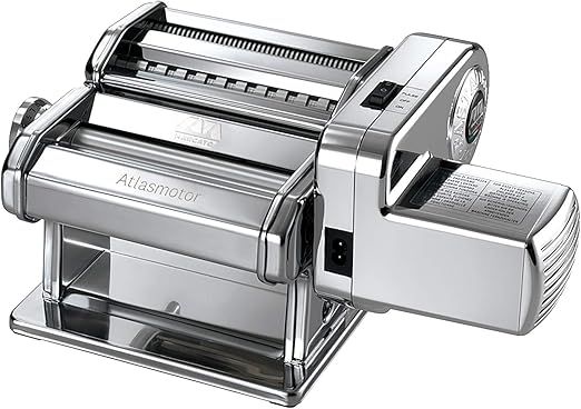 MARCATO Made in Italy Atlasmotor 110V Electric Pasta Machine, Chrome Steel. Set includes Atlas 150, handcrank, clamp, Pastadrive motor, and instruction manual
