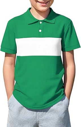 Haloumoning Boys Short Sleeve Pique Polo Shirts Kids Color Block School Uniform Shirt 5-14 Years