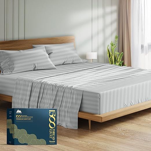 Mayfair Linen King Sheet Set Egyptian Cotton - 1500 Thread Count 4 PC Damask Egyptian Cotton Sheets King Size, Cooling High Thread Count Deep Pocket Sheets, Fits Upto 19" Pocket - Silver Stripe